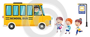 Happy Children And School Bus