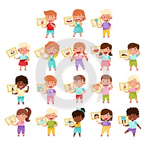 Happy Children Showing Cards with Body Part Vector Set