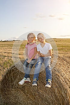 happy children sitting on haystack at sunset. kids, girl with boy sitting in field