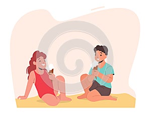 Happy Children Sitting on Sand Eating ice Cream on Beach, Kids Outdoor Summer Activities, Leisure on Sea and Ocean Shore