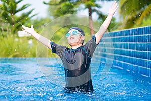 Happy children Smiling cute little girl in sunglasses in swimming pool