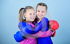 Happy children sportsman in boxing gloves. Sport success. Friendship. Fitness. energy health. workout of small girls