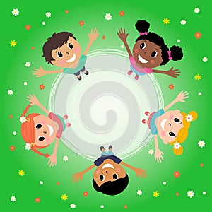 Happy children stand on the grass holding hands. Funny cartoon character.Vector illustration
