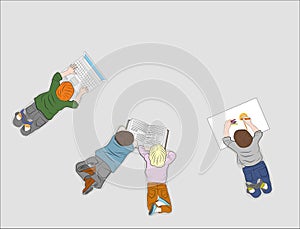 Happy children. Top view. Each child is busy with their own business. reading a book, drawing, working with a computer. vector ill