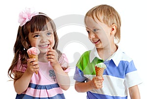 Happy children twins girl and boy with ice cream