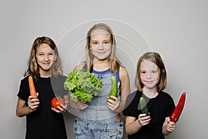 Happy children with vegetables on white studio wall banner background. Child girls with fresh organic food portrait, healthy