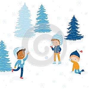 Happy children during winter time. Kids having fun in winter. Boys playing snowball fight outside