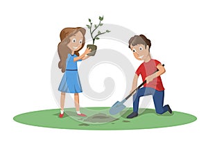 Happy children working in the garden or in the park. Boy and girl plant a tree. Cartoon vector illustration isolated on