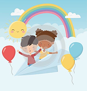Happy childrens day boy and girl enjoy with paper plane balloons