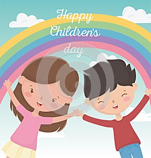 Happy childrens day boy and girl smiling rainbow sky