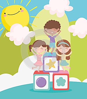 Happy childrens day, cute girls and boy playing blocks cartoon landscape