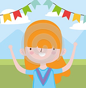 Happy childrens day, cute little girl field mountains bunting decoration