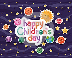 Happy childrens day with space cartoons icons vector design