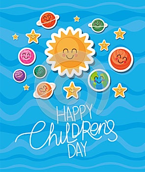 Happy childrens day with space cartoons icons vector design