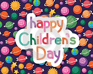 Happy childrens day with space icons background vector design