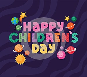 Happy childrens day with space icons vector design