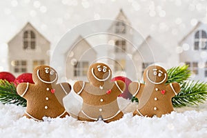 Happy chill out time,Group of smiling gingerbread men cookies celebrate Christmas and New Year Party.