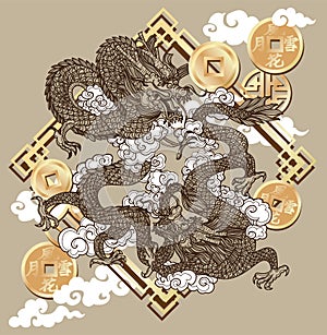 Happy china new year festival dragon fly and gold coin drawing