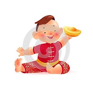 Happy chinese boy character in traditional hanfu suit with gold ingot isolated on white background.