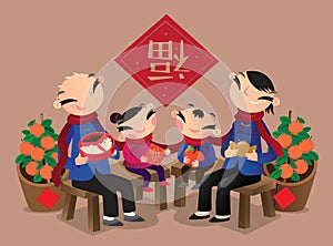 A happy Chinese family gathers to celebrate new year coming and puts on a long wool neckerchief across their necks.