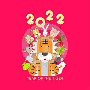 Happy Chinese lunar new year 2022, Year of tiger with Chinese zodiac sign animals.