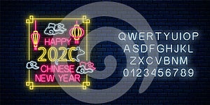 Happy Chinese New 2020 Year of white rat greeting card design in neon style with alphabet. Chinese sign for banner flyer