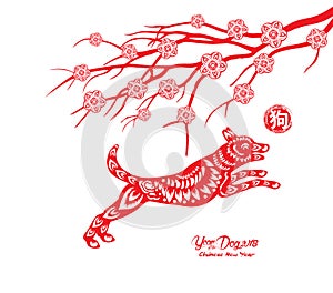 Happy Chinese new year 2018 with blossom card year of dog hieroglyph: Dog