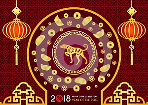 Happy Chinese new year 2018 card is Chinese Lantern and dog zodiac in circle frame door ,Chinese Gold Nugget vector design Chin