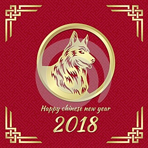 Happy Chinese new year 2018 with gold dog zodiac sign in circle on red china pattern abstract background and frame corner vector d
