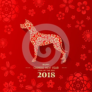 Happy Chinese new year 2018 with gold flowers in dog zodiac sign on red flower background vector design