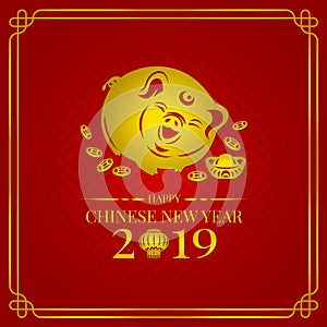 Happy chinese new year 2019 banner card with gold pig zodiac sign and china money coin and lantern on red background vector design