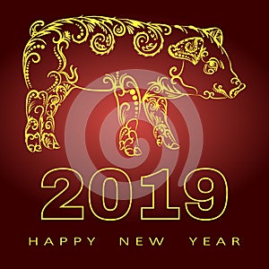 Happy chinese new year 2019 card with gold pig zodiac. Gold paper cut art and craft style. Silhouette of a pig consists