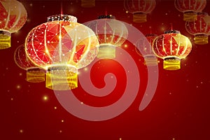 Happy Chinese New Year 2019 year. Low poly wireframe art lamp on red background. Illustration in the form of a starry sky.