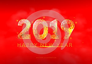 Happy Chinese New Year 2019 year. Low poly wireframe art on red background. Illustration in the form of a starry sky or space.