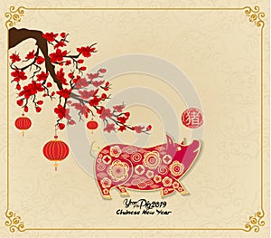 Happy chinese new year 2019 Zodiac sign with gold paper cut art and craft style on color Background hieroglyph: Pig