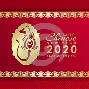 Happy chinese new year 2020 banner card with gold rat chinese zodiac sign on red background vector design