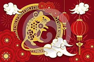 Happy Chinese New Year in 2020 greeting card. Year of zodiac rat. Vector illustration in paper art design