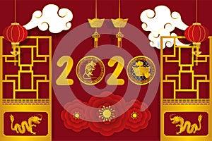 Happy Chinese New Year in 2020 greeting card. Year of zodiac rat. Vector illustration in paper art design