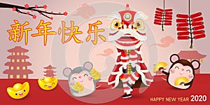 Happy Chinese new year 2020 of the rat zodiac poster design with rat, firecracker and lion dance. greeting card red color isolated