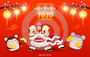 Happy Chinese new year 2020 of the rat zodiac poster design with rat, firecracker and lion dance. greeting card red color isolated