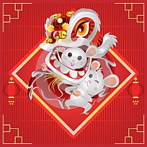 Happy Chinese New Year 2020. The year of the mouse. Lion dance. Vector illustration