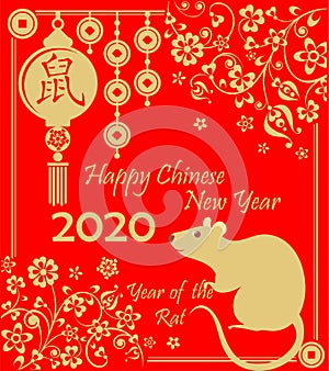 Happy Chinese New Year 2020 year of the rat decorative greeting red card with funny gold rat, flowers pattern, hanging coins and l