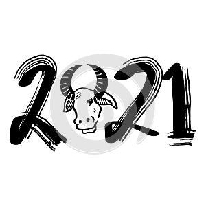 Happy Chinese New Year 2021. Black bull zodiac sign with number in grunge style