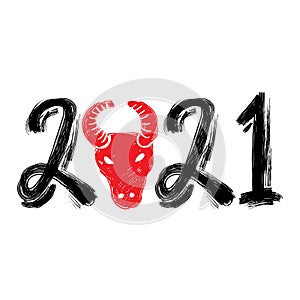 Happy Chinese New Year 2021. Bull zodiac sign with number in grunge style