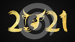 Happy Chinese new year 2021. Golden glittering bull zodiac sign with number in grunge style on a black background with pattern.