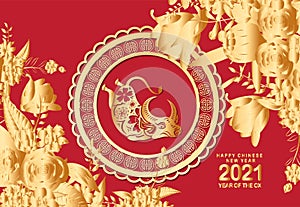 Happy chinese new year 2021 of the ox. Gold zodiac sign, gold floral and asian elements background for greetings card, invitation