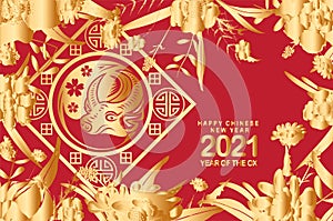 Happy chinese new year 2021 of the ox. Gold zodiac sign, gold floral and asian elements background for greetings card, invitation