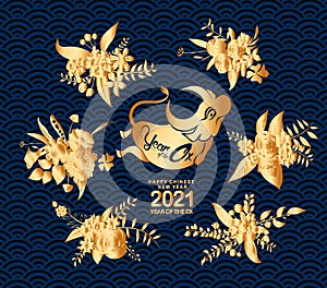 Happy chinese new year 2021 of the ox. Gold zodiac sign, gold floral bouquet decoration for greetings card, invitation, posters,