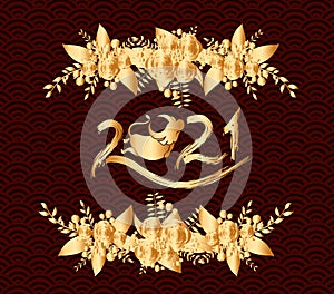 Happy chinese new year 2021 of the ox. Gold zodiac sign, gold floral bouquet decoration for greetings card, invitation, posters,