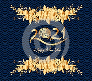 Happy chinese new year 2021 of the ox. Gold zodiac sign, gold floral bouquet decoration for greetings card, invitation, posters,